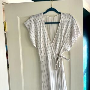 White with black pinstripes wrap around MIDI dress, Mod Ref size Large